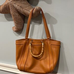 J McLaughlin Classic Tan Leather Tote Bag with Bamboo Handle